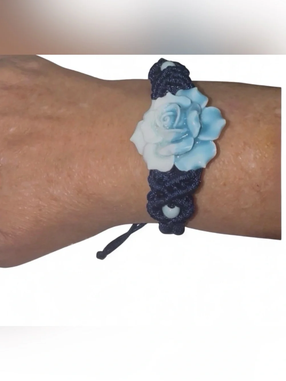 Blue & White Rose Macramé Bracelet | Adjustable Floral Boho Coquette